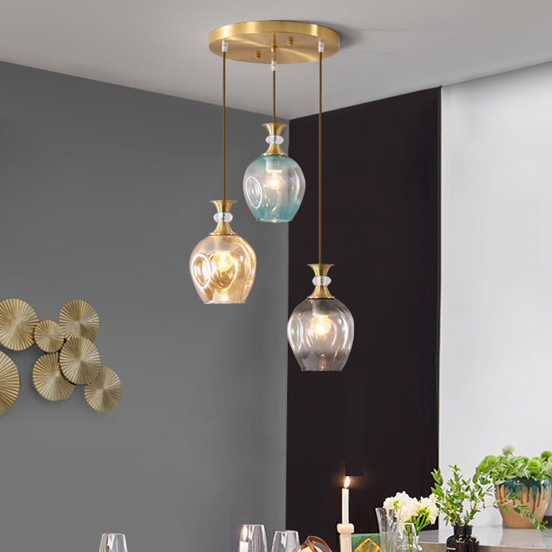 Gold Tulips Cluster Pendant Light Modernist 3 Heads Tan-Blue-Grey Dimpled Glass Ceiling Lamp