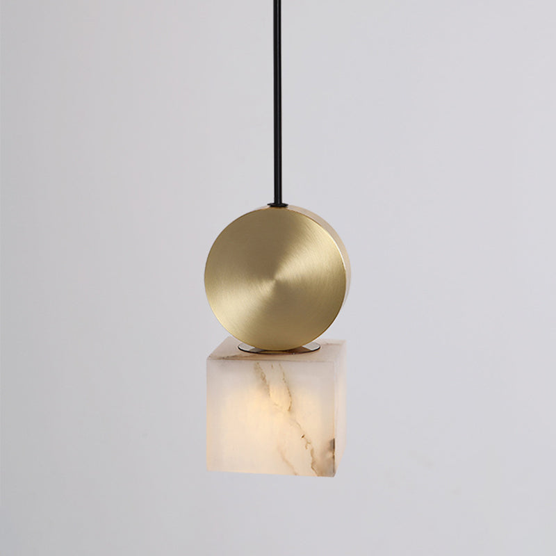 Square/Cylinder Pendant Post Modern Marble 1 Head Bedside Hanging Lamp Kit in White with Gold Round Top