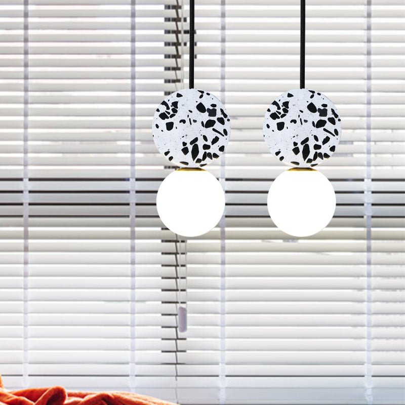 Black Round Ceiling Light Modern 1 Light Marble LED Pendant Lamp with Modo White Glass Shade