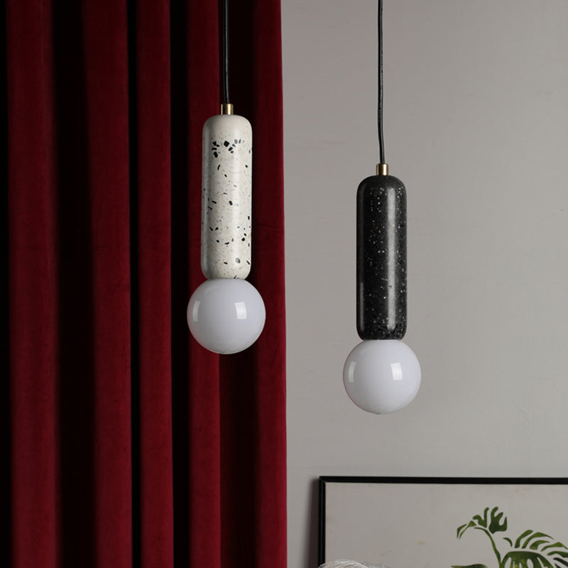 Capsule Pendant Minimalism Marble 1 Light Bedside Mini Hanging Lamp with Orb Opal Glass Shade in White/Black