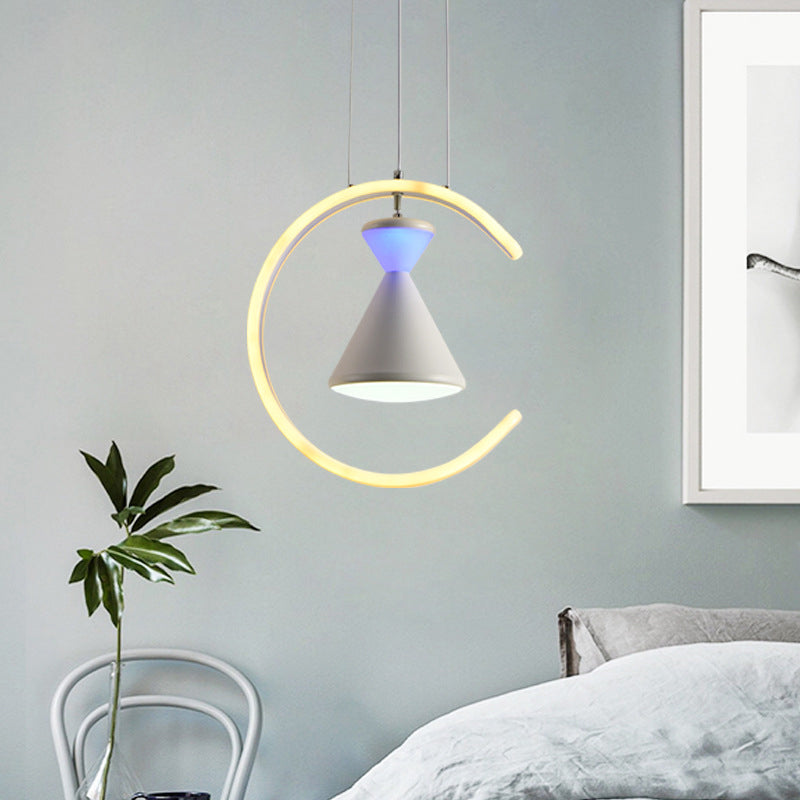 White Finish Hourglass and Ring Pendant Minimalist LED Acrylic Hanging Light Kit over Table
