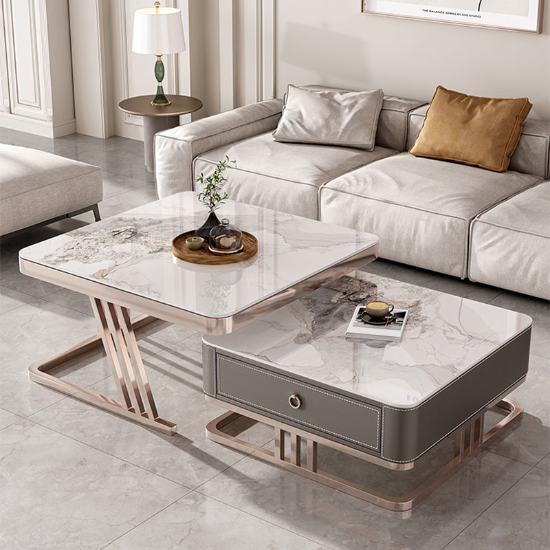 Square Coffee Table Glass Top Coffee Table Set with Golden Legs