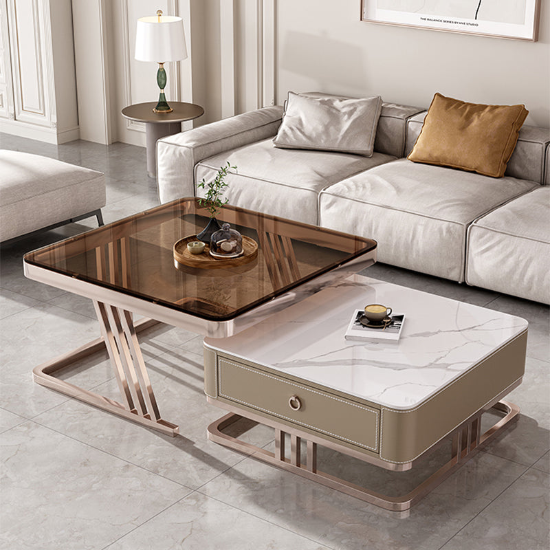 Square Coffee Table Glass Top Coffee Table Set with Golden Legs