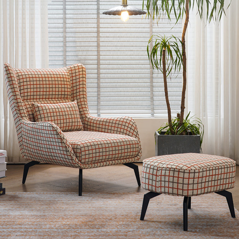 Fabric Lounge Chair Flared Arms Plaid Side Chair with Black Legs