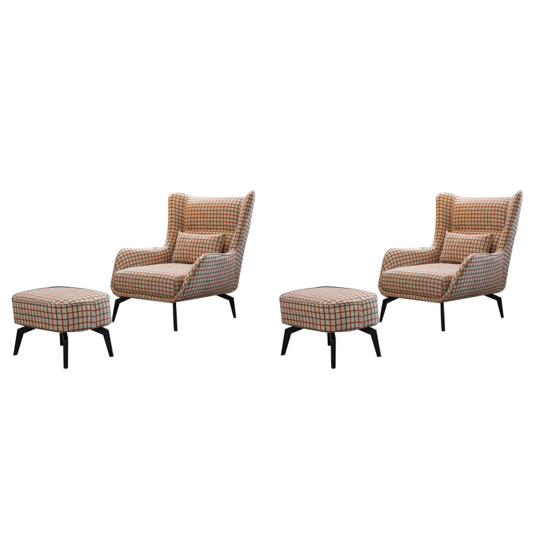 Fabric Lounge Chair Flared Arms Plaid Side Chair with Black Legs