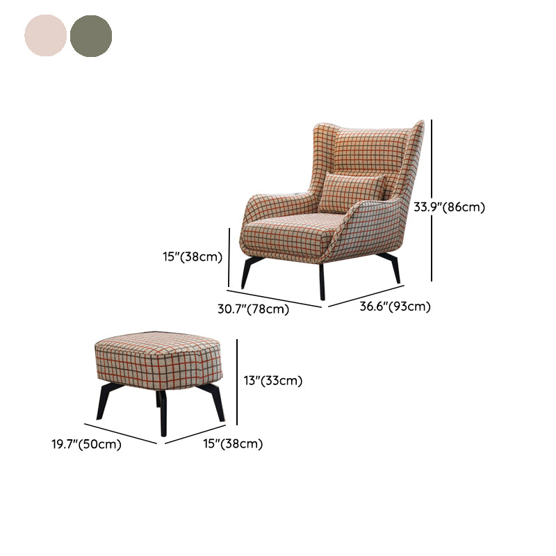 Fabric Lounge Chair Flared Arms Plaid Side Chair with Black Legs