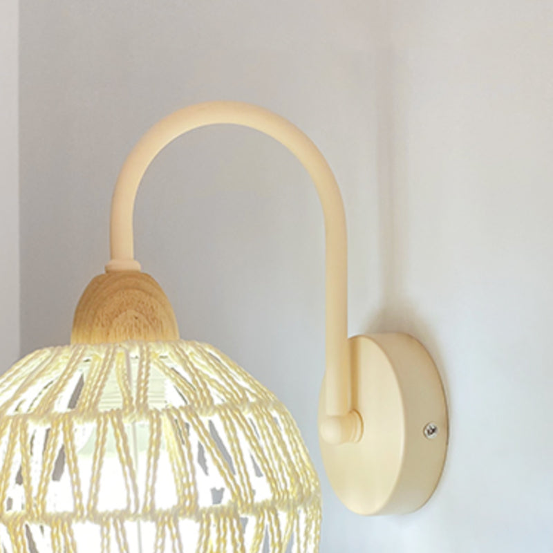 Single Light Wood Wall Sconce Rattan Dome Shade Wall Lighting in White