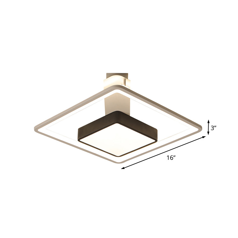 16"/19.5" W Iron Square Flushmount Minimalist Black and White LED Flush Mount Lighting, White/Warm Light