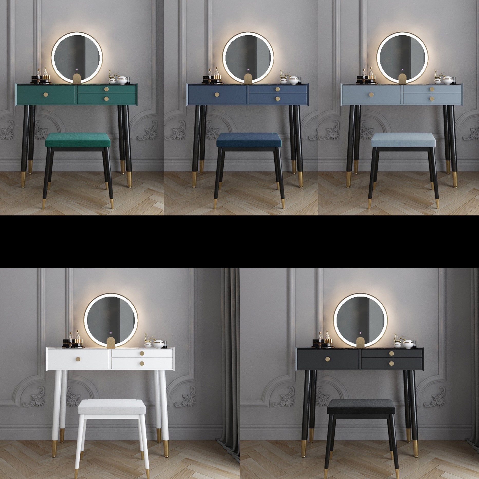 Scandinavian Lighted Mirror Makeup Vanity Desk in Wood Vanity Dressing Table Set