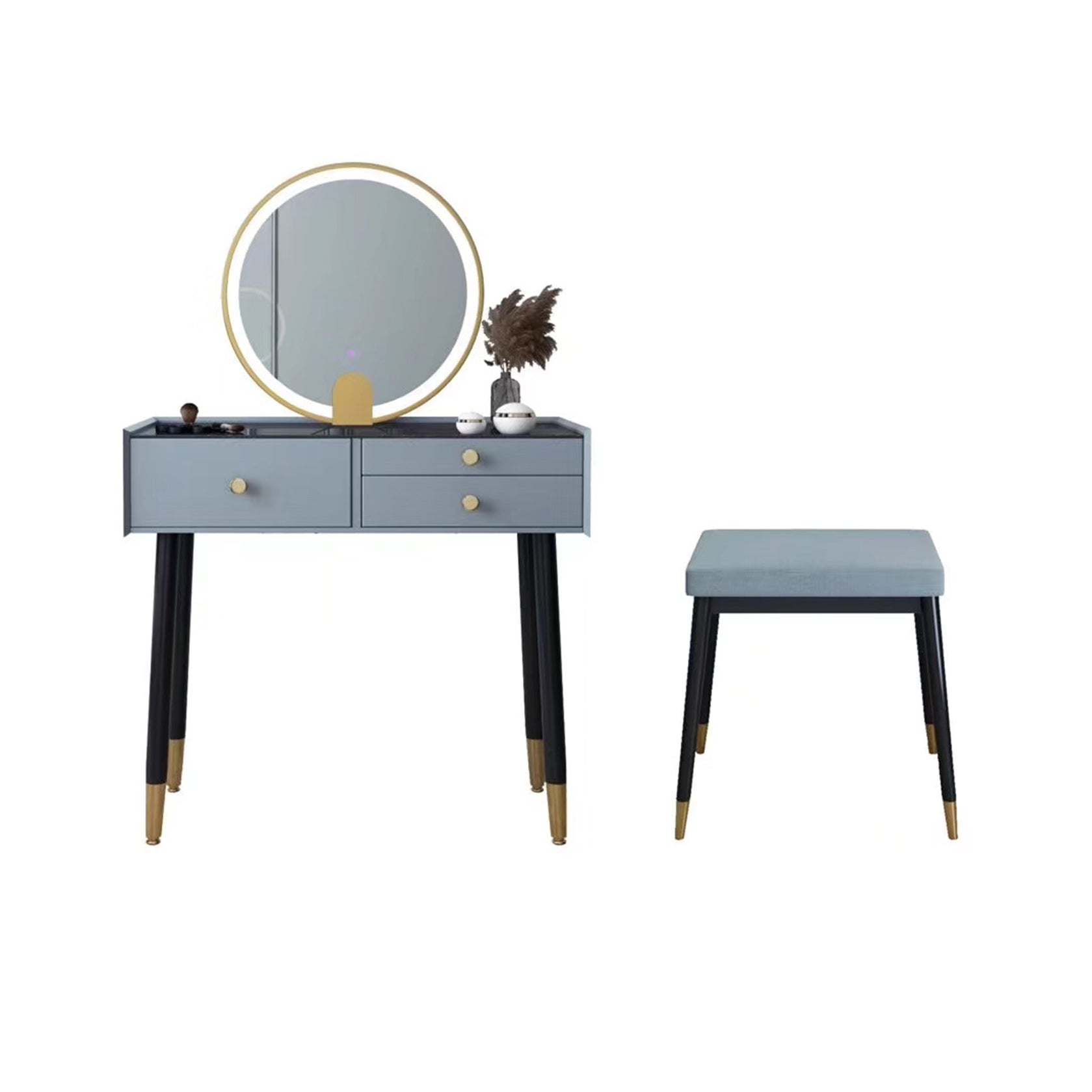 Scandinavian Lighted Mirror Makeup Vanity Desk in Wood Vanity Dressing Table Set