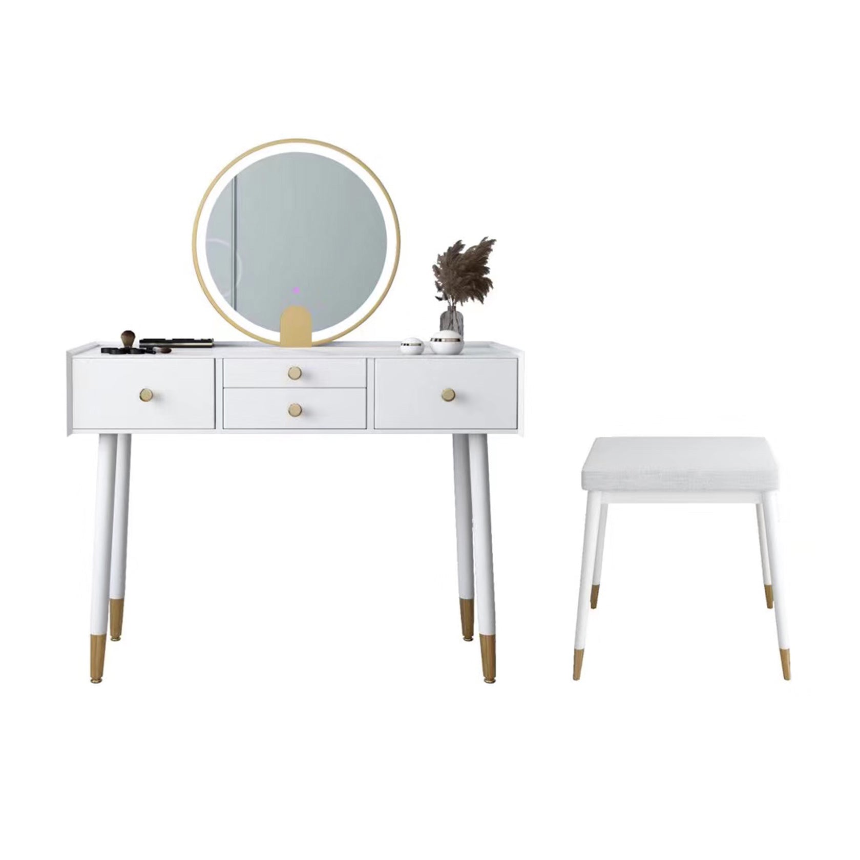 Scandinavian Lighted Mirror Makeup Vanity Desk in Wood Vanity Dressing Table Set