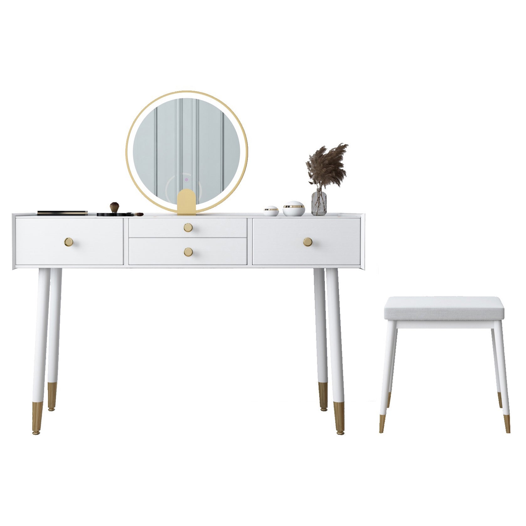 Scandinavian Lighted Mirror Makeup Vanity Desk in Wood Vanity Dressing Table Set