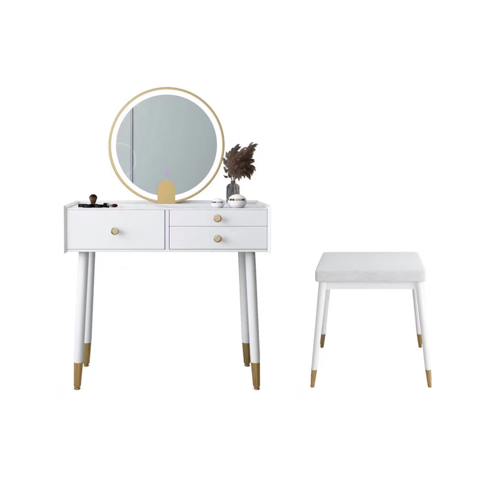 Scandinavian Lighted Mirror Makeup Vanity Desk in Wood Vanity Dressing Table Set