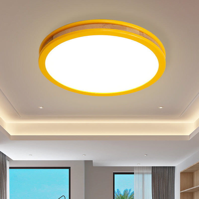 Yellow Round Flushmount Macaroon LED Wood Ceiling Flush Mount for Bedroom, 12"/16" Dia