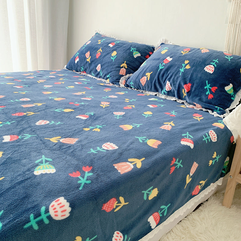Sheet Sets Flannel Floral Printed Breathable Super Soft Wrinkle Resistant Bed Sheet Set