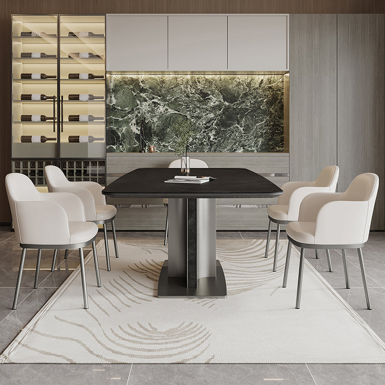 Black Stone Dining Table Set 1/4/5/7 Pcs Indoor Dinette Set with Leather Chairs
