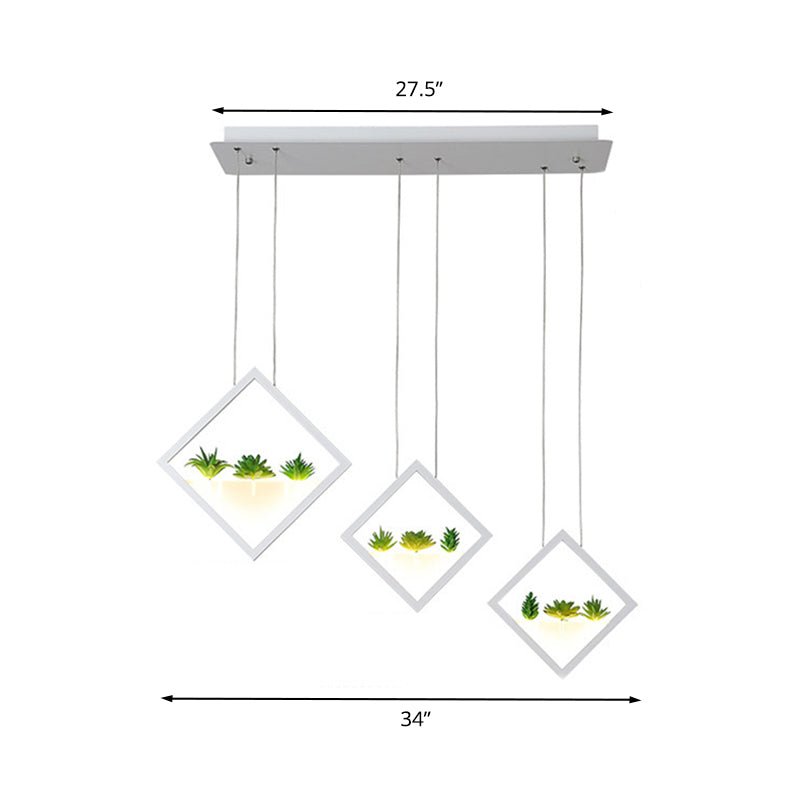 Witte 3-rhombus Suspensie Licht Modernisme Led Acryl Cluster Pendant Lamp met Plant Deco in warm/wit licht