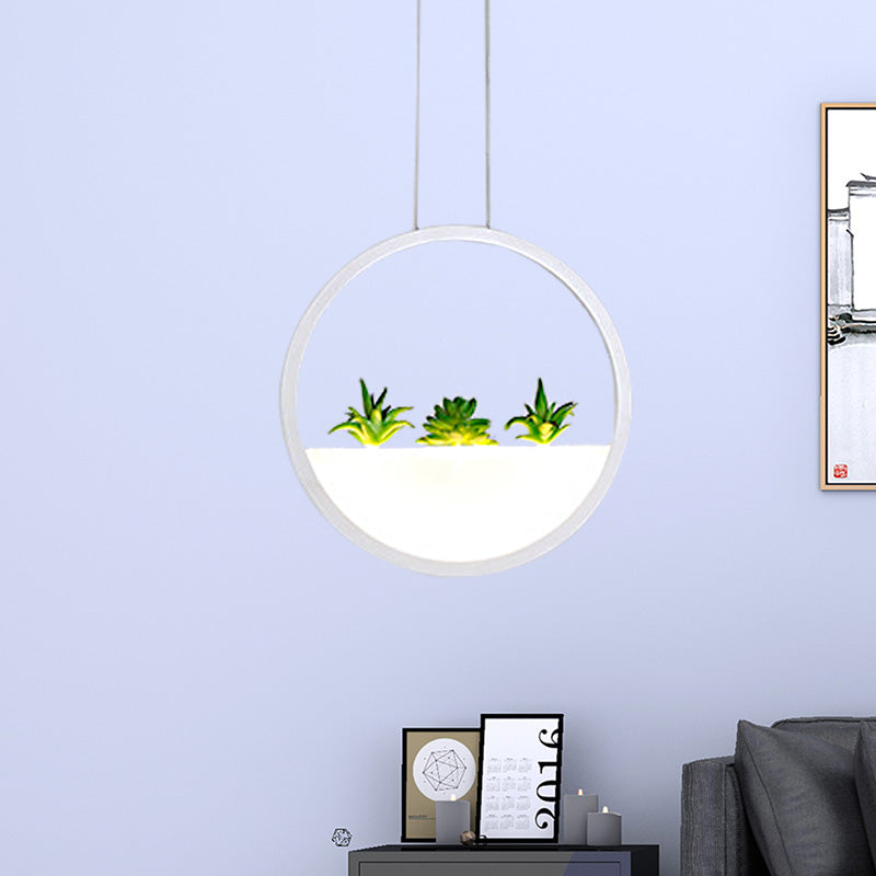 Circular Bedside Pendant Modernist 11"/14" Wide LED Acrylic Hanging Ceiling Lamp in White with Plant Decor, White/Warm Light