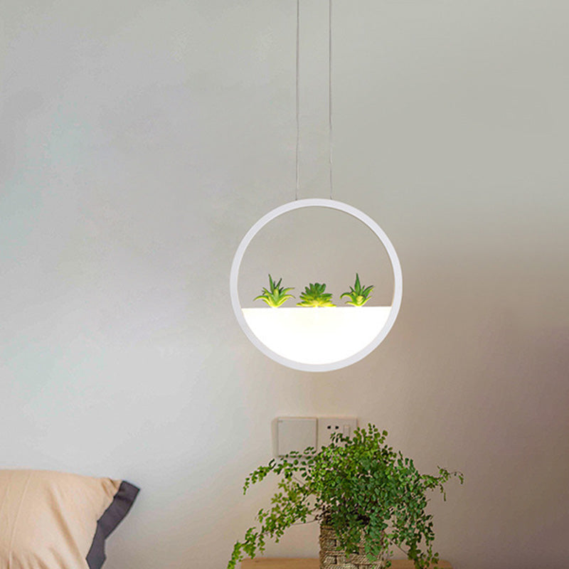 Circular Bedside Pendant Modernist 11"/14" Wide LED Acrylic Hanging Ceiling Lamp in White with Plant Decor, White/Warm Light