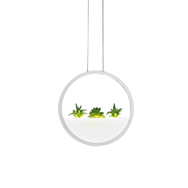 Circular Bedside Pendant Modernist 11"/14" Wide LED Acrylic Hanging Ceiling Lamp in White with Plant Decor, White/Warm Light