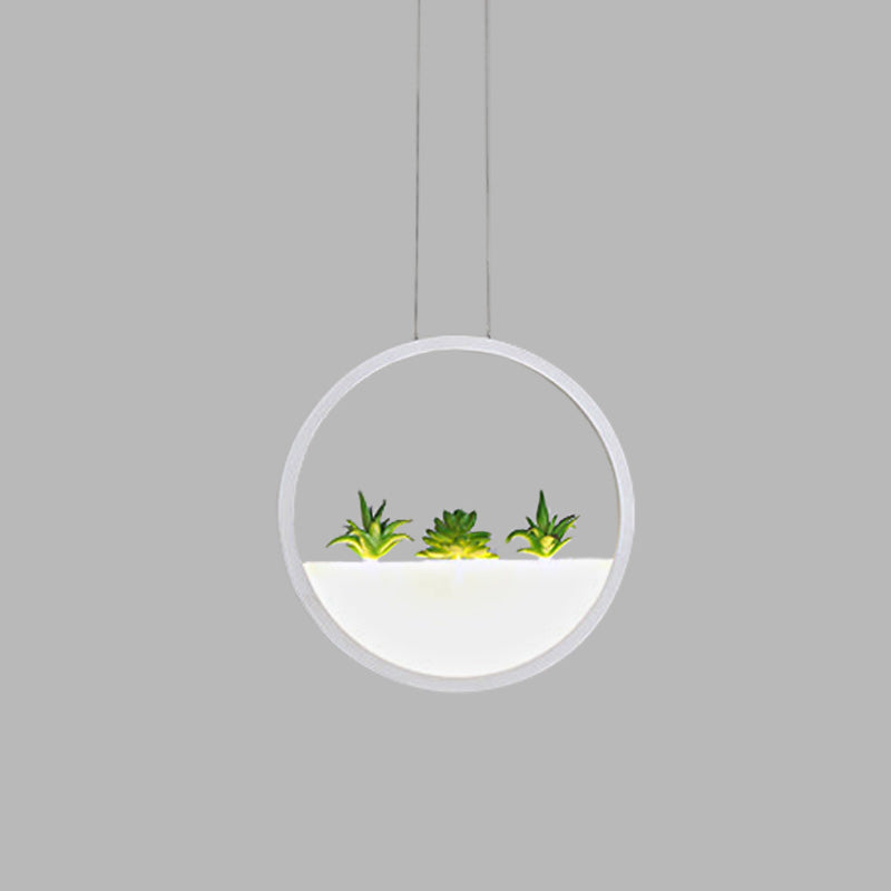 Circular Bedside Pendant Modernist 11"/14" Wide LED Acrylic Hanging Ceiling Lamp in White with Plant Decor, White/Warm Light