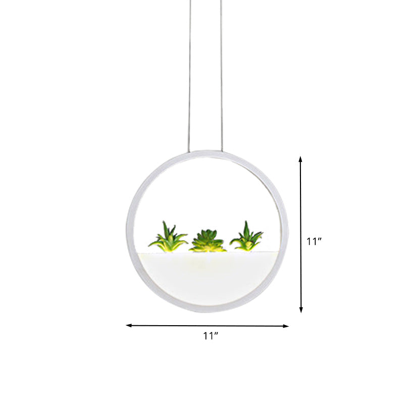 Circular Bedside Pendant Modernist 11"/14" Wide LED Acrylic Hanging Ceiling Lamp in White with Plant Decor, White/Warm Light