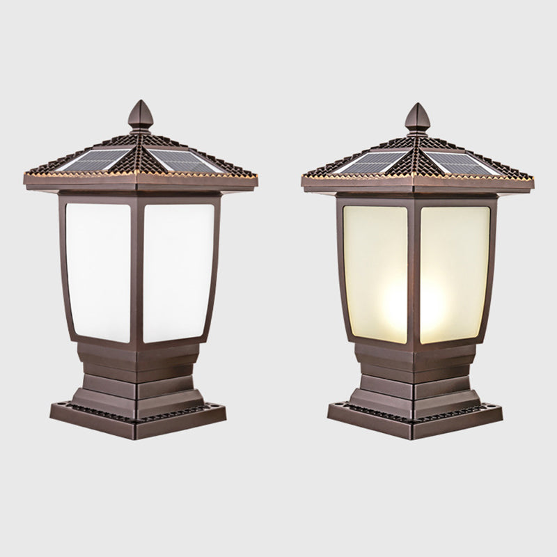 Contemporary Metal Pillar Lamp Pavilion Shape Outdoor Waterproof Light with Glass Shade