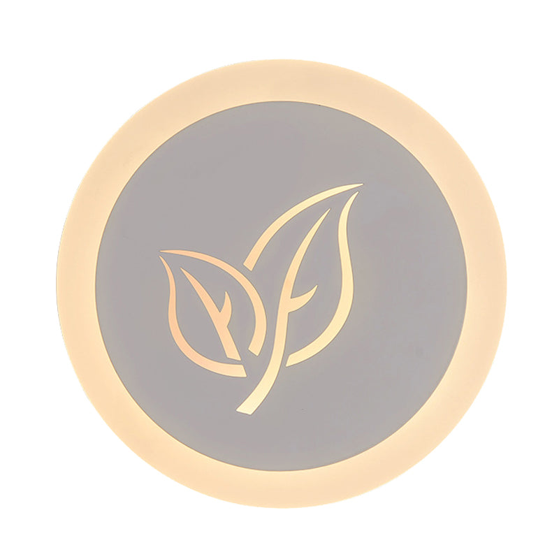 Modern Circle Wall Mount Acrylic Living Room LED Flush Wall Sconce in White with Leaf Pattern