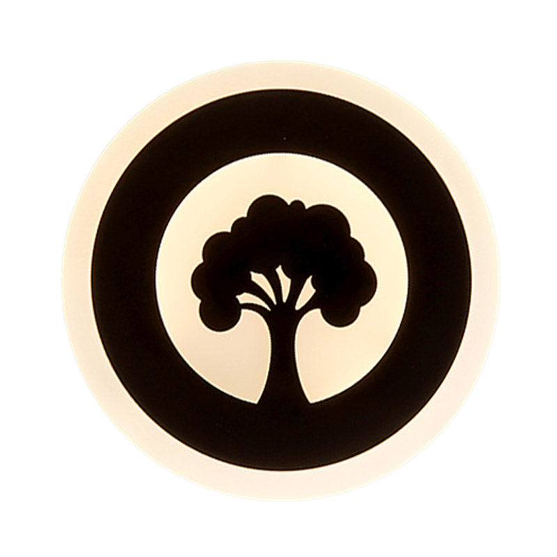 Acrylic Round Wall Lighting Modernism LED Flush Wall Sconce in Black with Tree Pattern, White/Warm Light