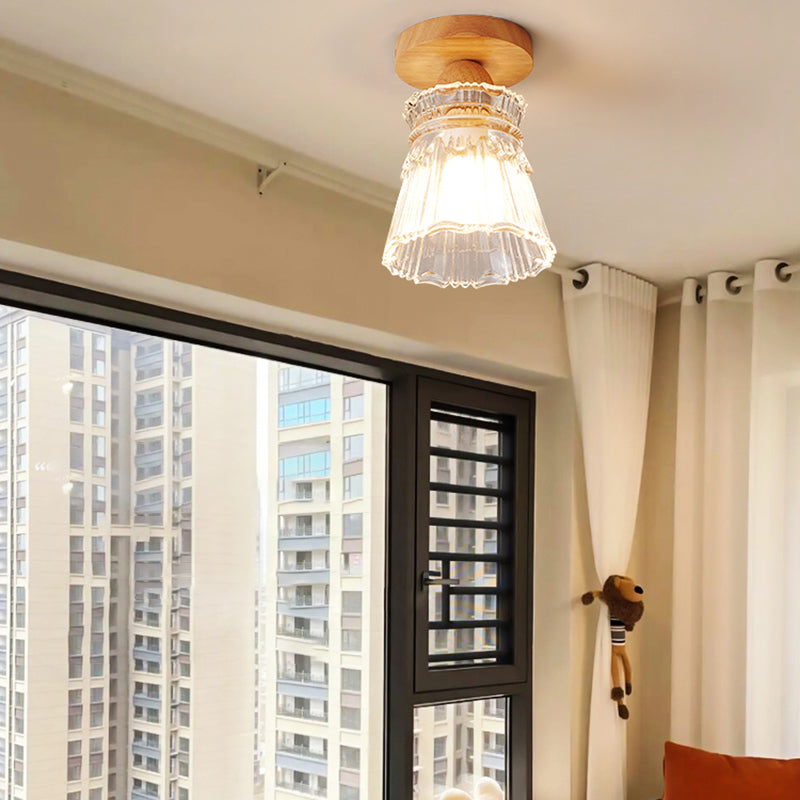 Modern Wooden Semi Flush Mount Glass Shade Semi Flush for Living Room