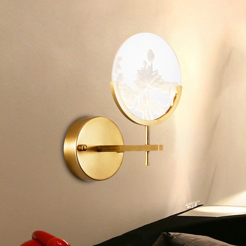 Gold Circle Panel Sconce Light Fixture Post Modern LED Acrylic Wall Lamp with Lotus Pattern in White/Warm Light