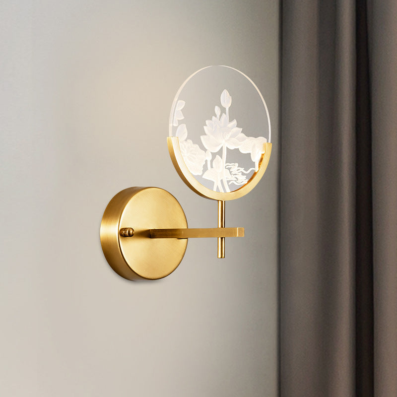 Gold Circle Panel Sconce Light Fixture Post Modern LED Acrylic Wall Lamp with Lotus Pattern in White/Warm Light