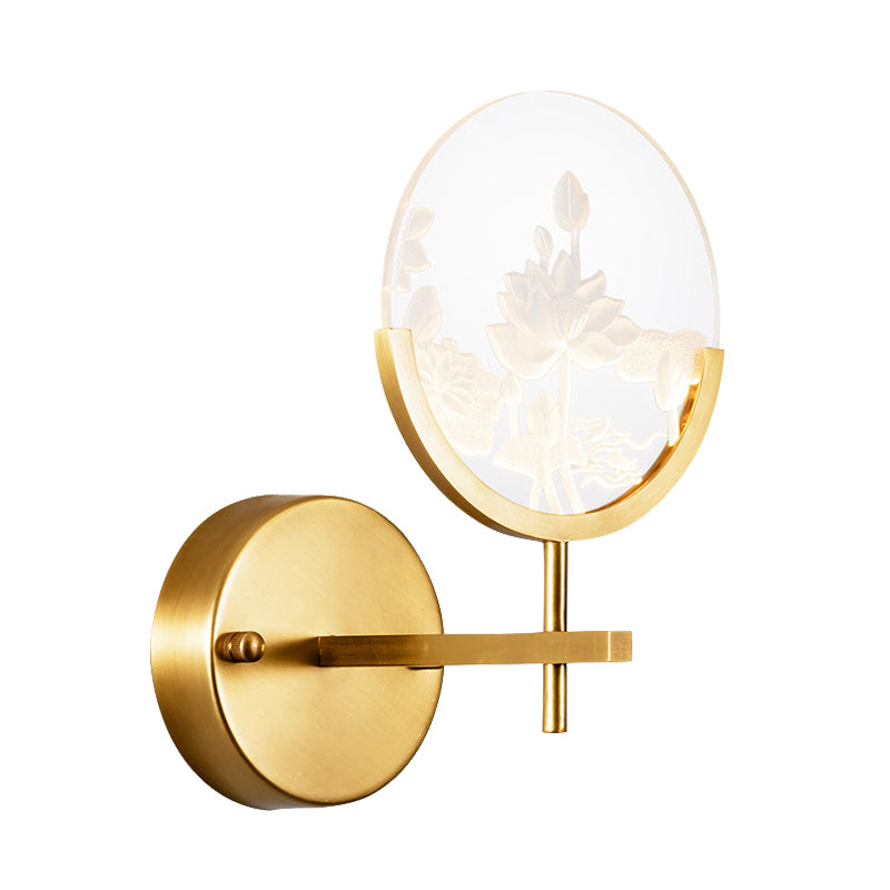 Gold Circle Panel Sconce Light Fixture Post Modern LED Acrylic Wall Lamp with Lotus Pattern in White/Warm Light