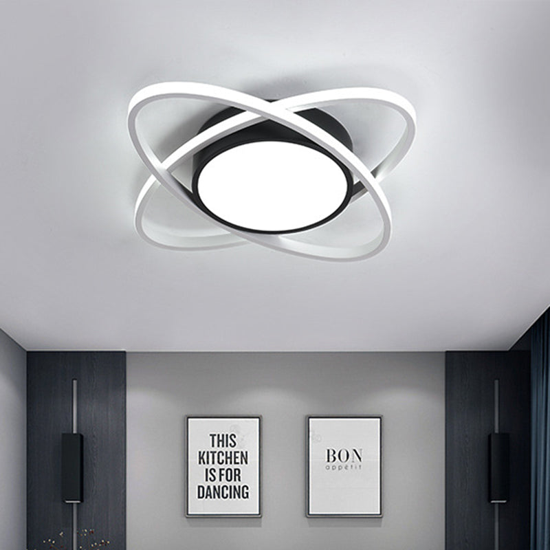 Modernist Drum Flush Lighting Acrylic LED Bedroom Flush Mount Fixture in Black and White with Cross Ring, 20.5"/28" W