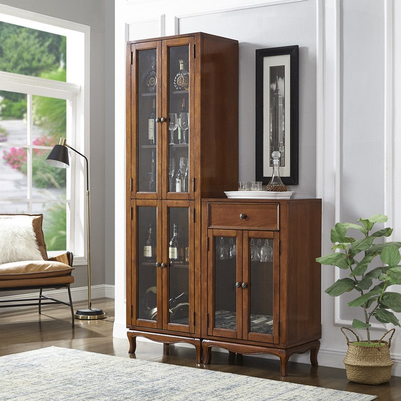 Traditional Rubber Wood Display Stand Glass Doors Hutch Cabinet with Doors for Dining Room
