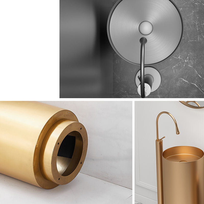 Modern Bathroom Sink Metal Round with Pop-Up Drain Pedestal Sink