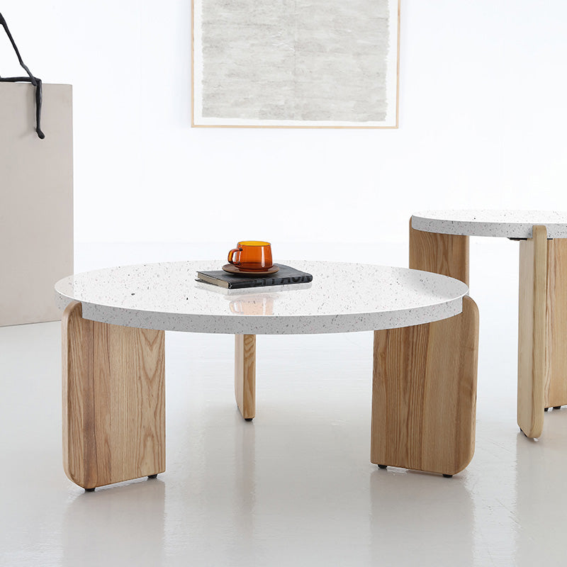 Round Terrazzo Coffee Table Minimalist Wooden 3 Legs Cocktail Table