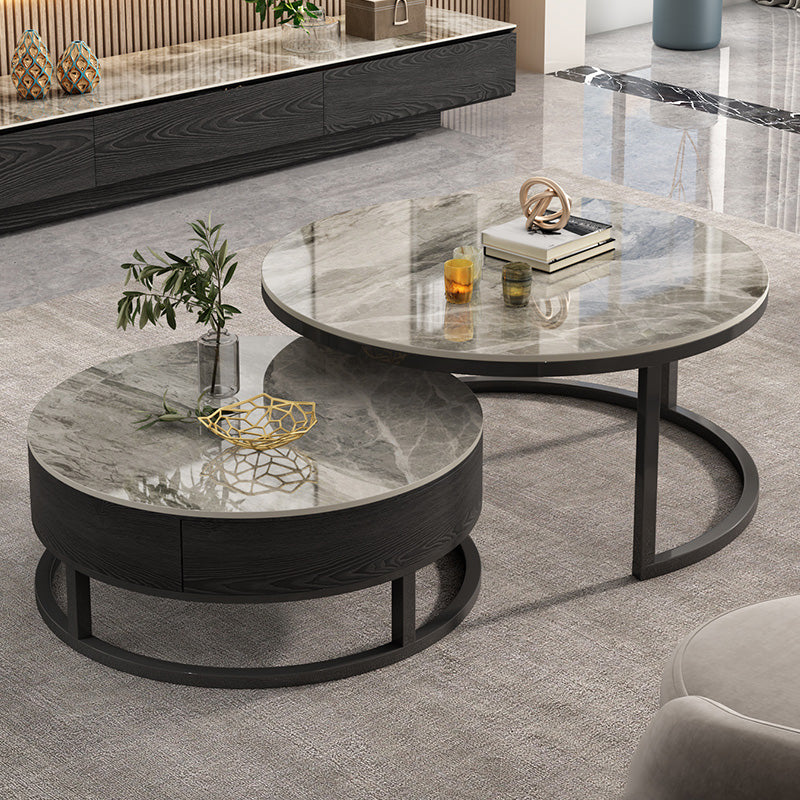 Round Slate Top Coffee Table Frame Coffee Cocktail Table with Drawers