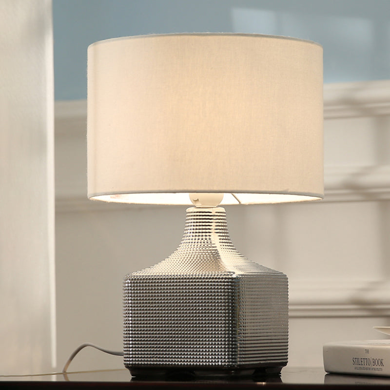 Drum Shade Fabric Table Lighting Contemporary 1-Light White Finish Night Light with Cubic Base