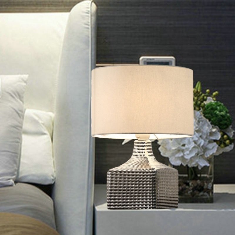 Drum Shade Fabric Table Lighting Contemporary 1-Light White Finish Night Light with Cubic Base