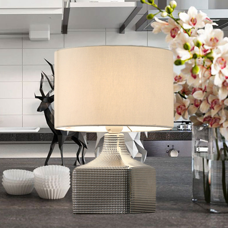 Drum Shade Fabric Table Lighting Contemporary 1-Light White Finish Night Light with Cubic Base