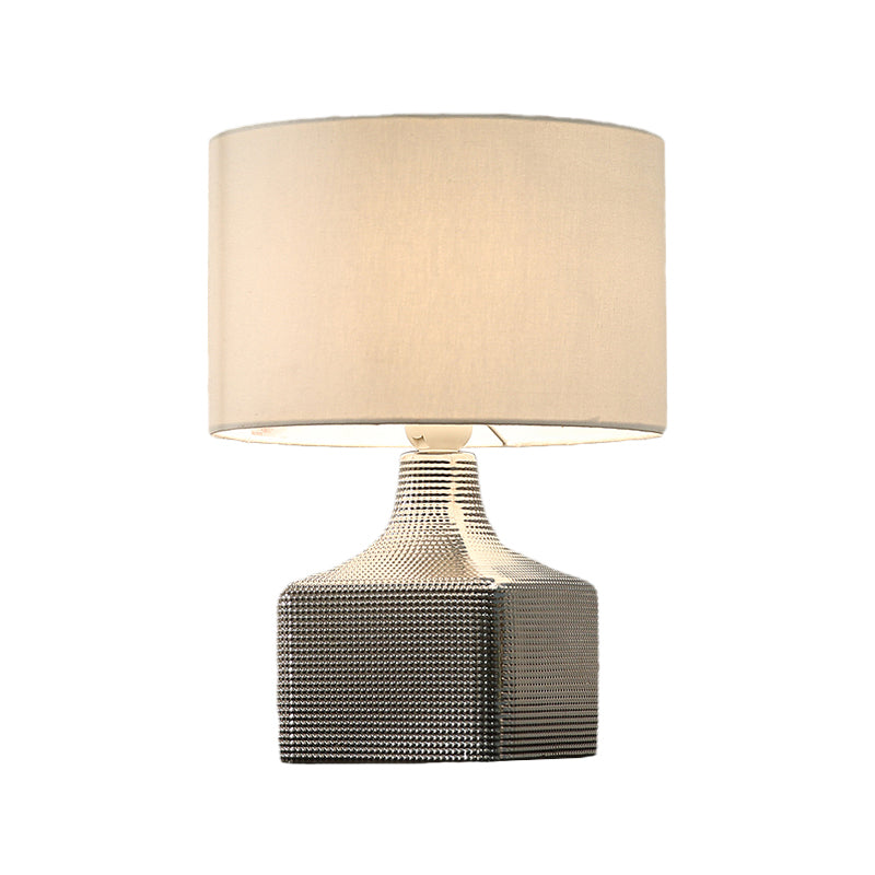 Drum Shade Fabric Table Lighting Contemporary 1-Light White Finish Night Light with Cubic Base