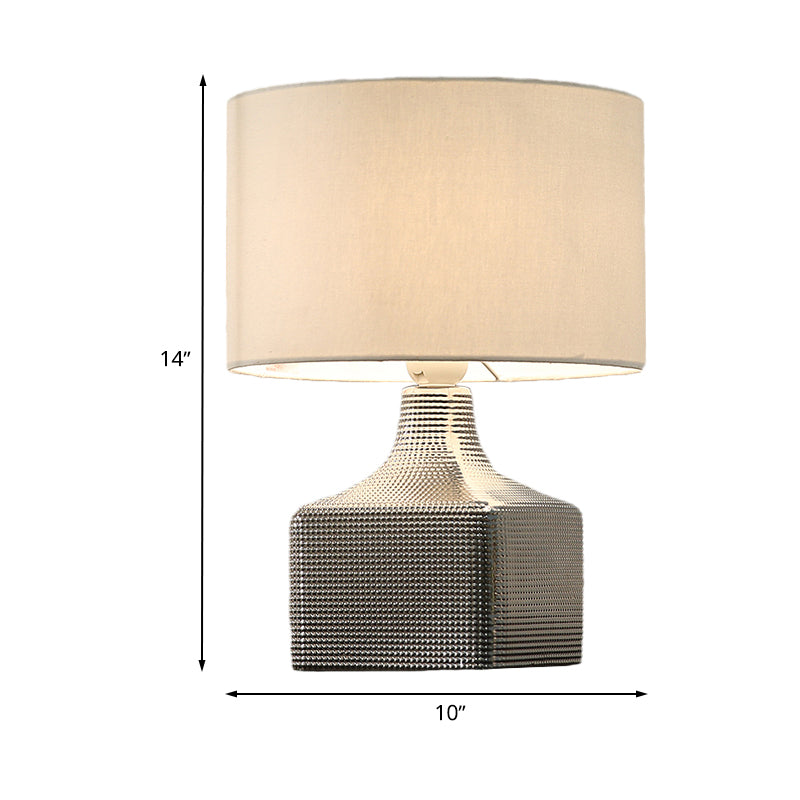 Drum Shade Fabric Table Lighting Contemporary 1-Light White Finish Night Light with Cubic Base