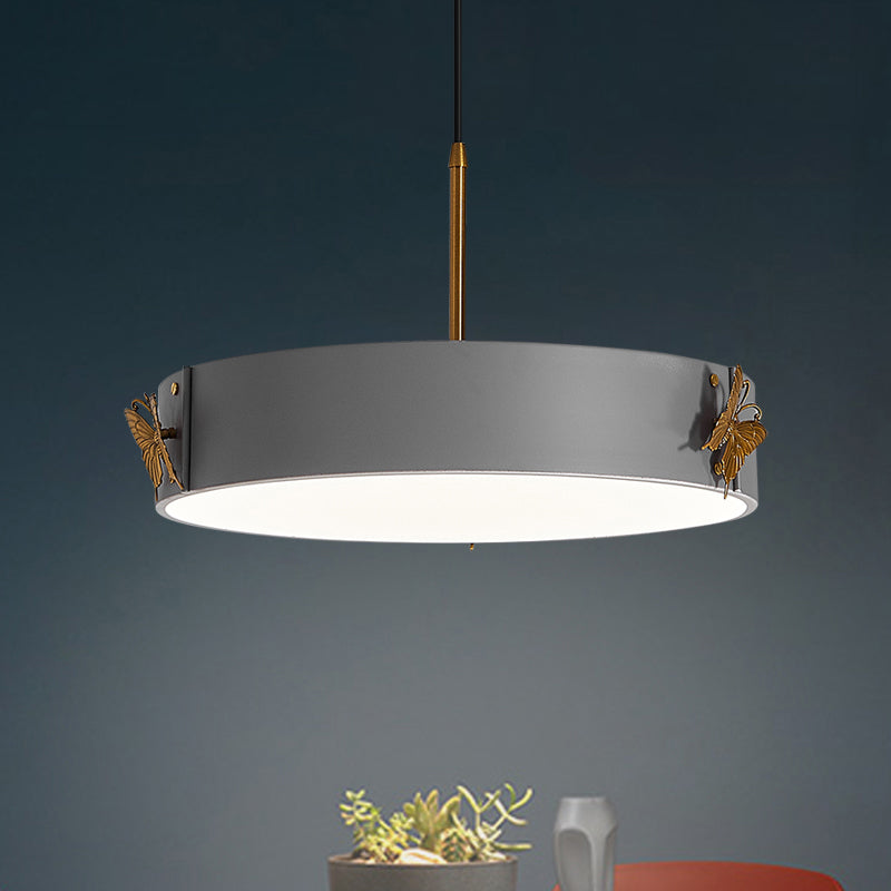 Drum Pendant Lamp Minimalist Acrylic LED Grey Finish Hanging Light Fixture with Butterfly Design