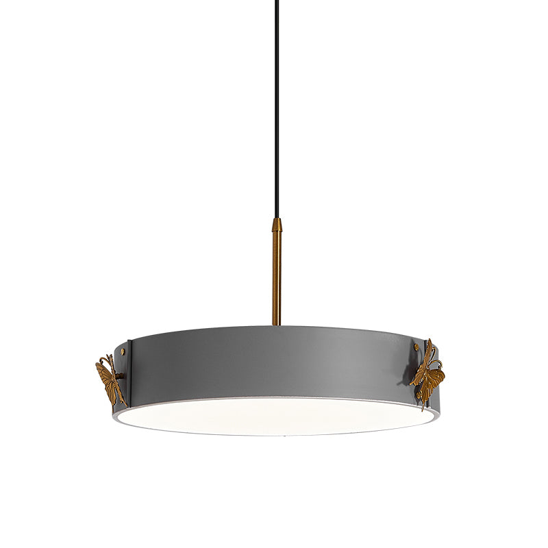 Drum Pendant Lamp Minimalist Acrylic LED Grey Finish Hanging Light Fixture with Butterfly Design