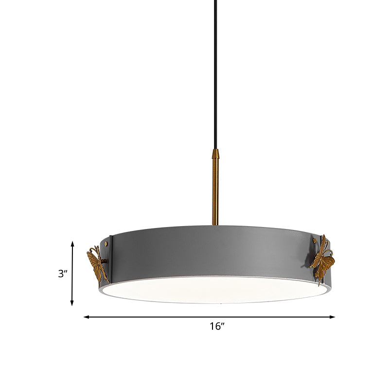 Drum Pendant Lamp Minimalist Acrylic LED Grey Finish Hanging Light Fixture with Butterfly Design