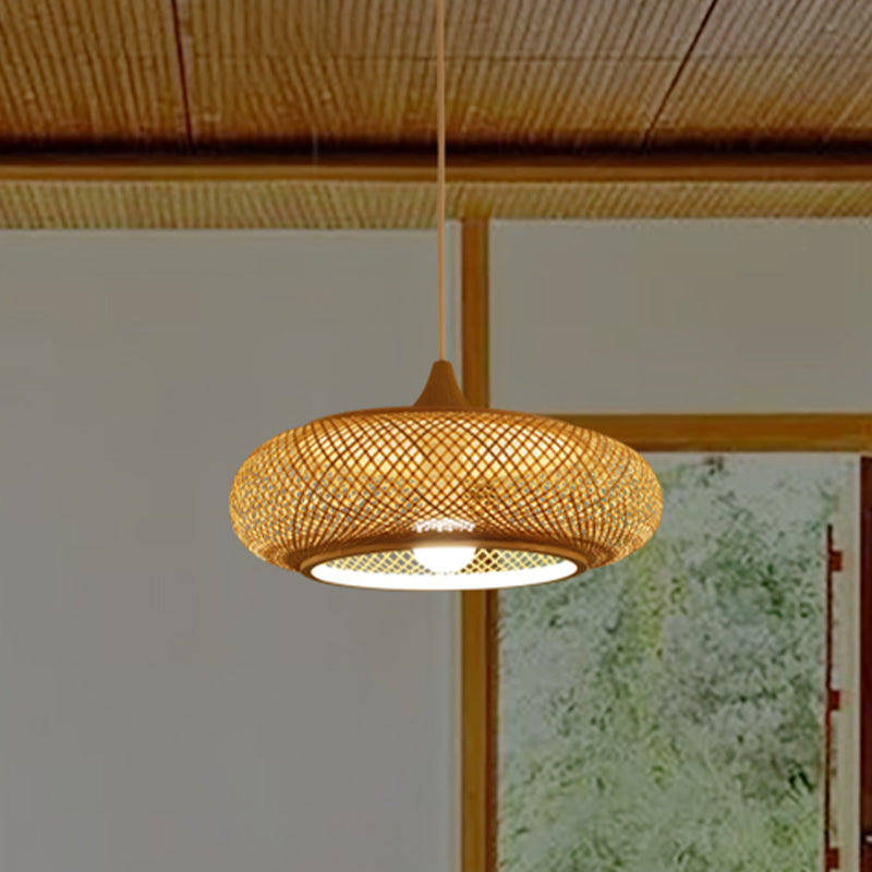 Modernisme Round Bamboo Pendent lampe 1 tête plafond suspendu plafond en beige pour le salon de thé