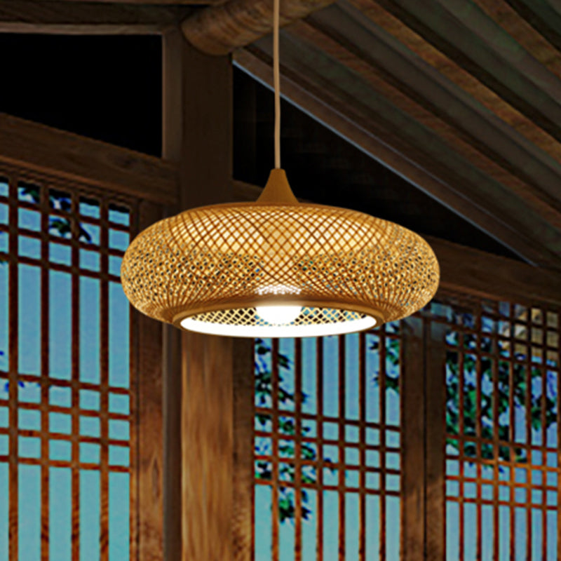 Modernism Round Bamboo Pendant Lamp 1 Head Hanging Ceiling Light in Beige for Tea Room