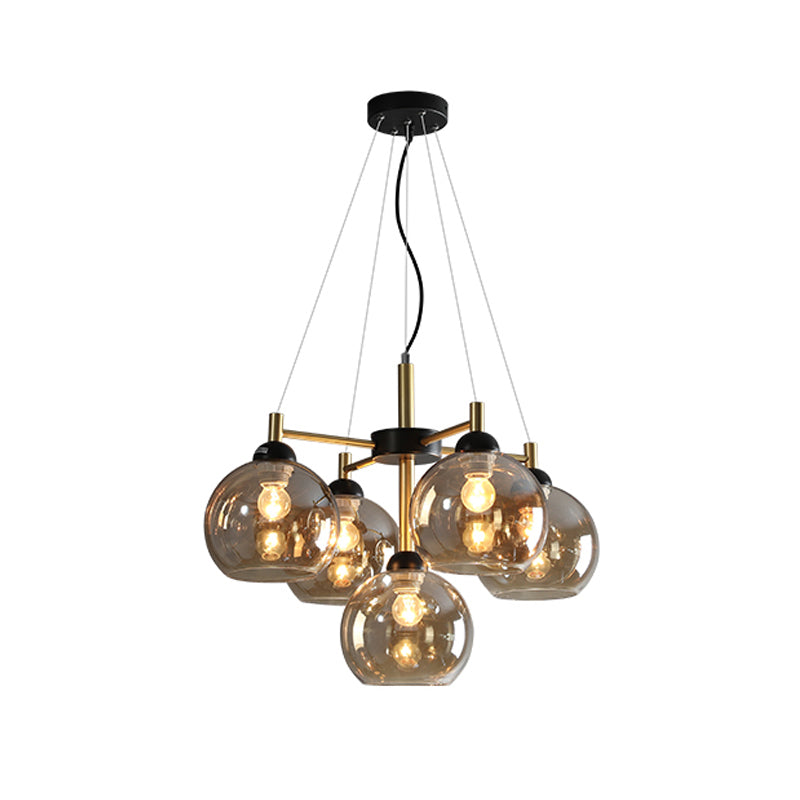 Amber / Smoke Grey Glass Spherical Chandelier Light Modernisme 5 têtes Black Finish Pendant Lighting Ayémorrat