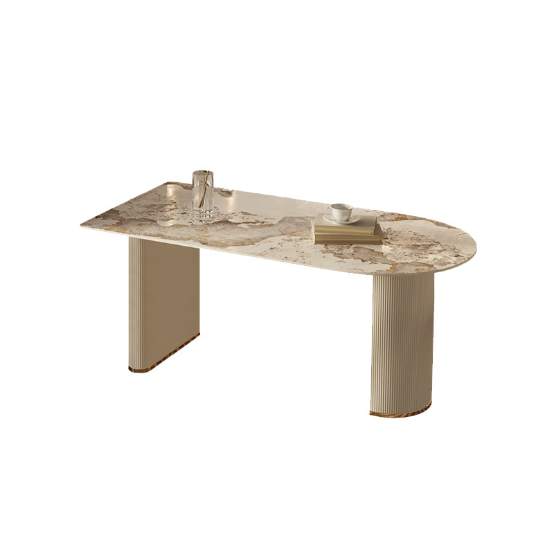 White Stone Top Dinette Table with Double Pedestal Modern Free Form Dining Table